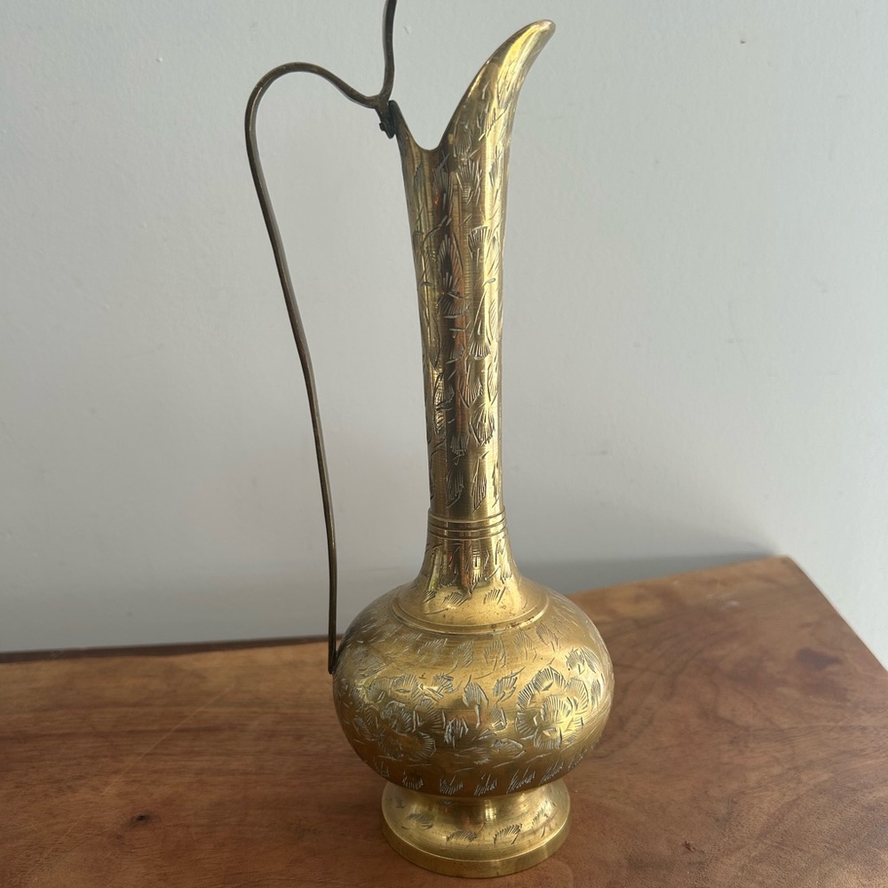 Vintage Tall Long Neck Brads Etched Floral Pitcher Jug Decorative Vase India